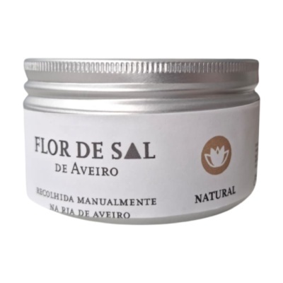 Frasco de flor de sal natural de Aveiro com rótulo branco e tampa metálica