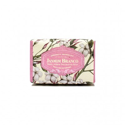 Embalagem de sabonete aromático Jasmim Branco com padrão floral rosa e branco