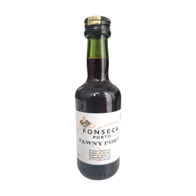 Garrafa pequena de vinho do Porto Tawny Fonseca com rótulo branco
