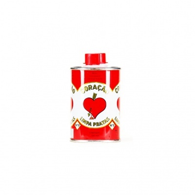 Frasco metálico de limpeza de pratas CORAÇÃO com tampa vermelha e rótulo branco e vermelho