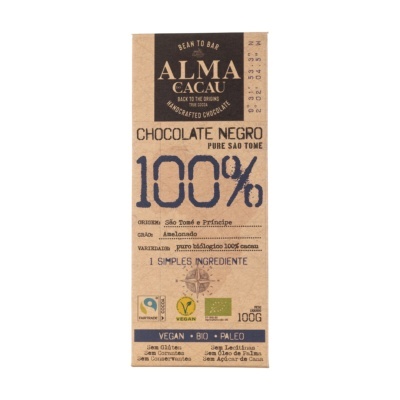 embalagem de chocolate negro ALMA CACAU 100% puro de São Tomé com etiquetas de certificação