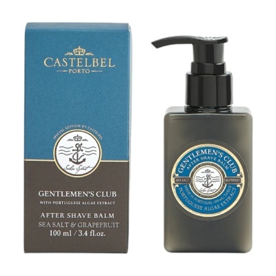 Bálsamo pós-barba Gentlemens Club Castlebell Porto em embalagem azul e castanha e frasco preto com tampa de bomba.