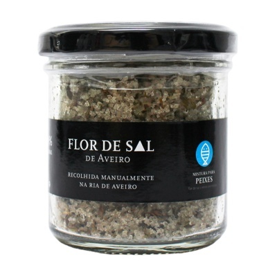 Frasco de flor de sal de Aveiro com rótulo preto e tampa preta