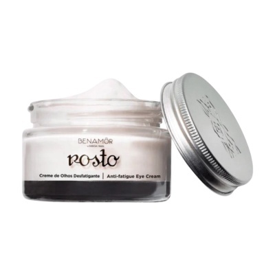 Creme para olhos Benamôr em frasco de vidro com tampa prateada