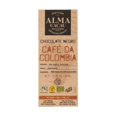 Embalagem de chocolate negro com café da Colômbia ALMA CACAU 100g