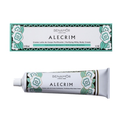 Tubo de creme corporal Benamôr Alecrim com embalagem decorada com flores verdes e douradas