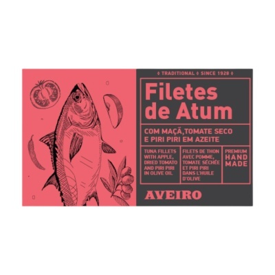 Rótulo de filetes de atum com ilustrações e texto em vermelho e cinza