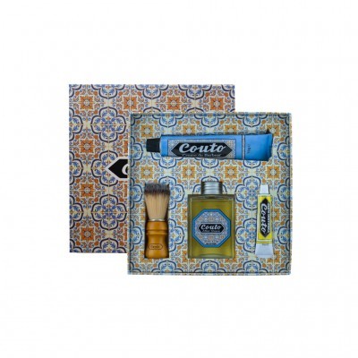 Conjunto de barbear Couto com pincel, creme, loção e tubo, numa caixa decorada com padrão de azulejos