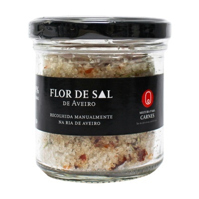 Frasco de flor de sal de Aveiro com rótulo preto e tampa preta