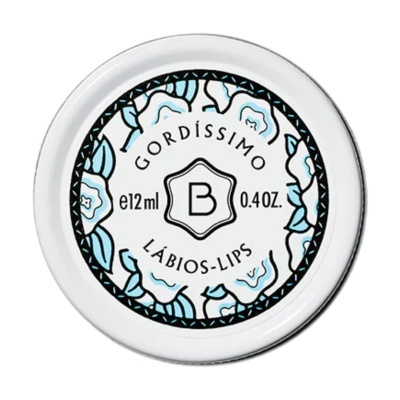 Tampa redonda branca de produto cosmético para lábios com decoração floral e texto