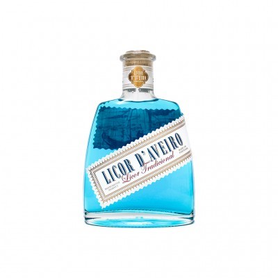 Garrafa de licor azul com rótulo inclinado e tampa de cortiça