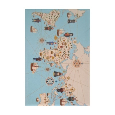 Mapa estilizado com figuras humanas, navios e bússolas em fundo azul
