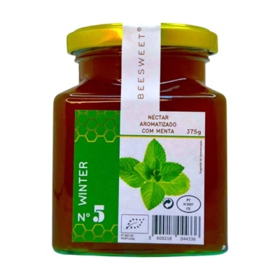 Frasco de vidro com néctar aromatizado com menta e tampa amarela