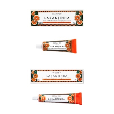 Tubos e embalagens de creme de mãos Benamôr Laranjinha com design de laranjas