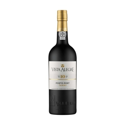 Garrafa preta de vinho do Porto Vista Alegre com rótulo branco e dourado e tampa dourada