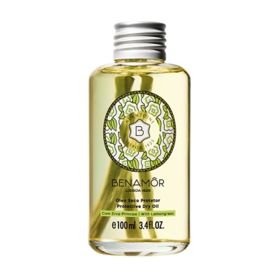 Frasco de óleo seco protetor Benamôr com padrão floral verde e branco