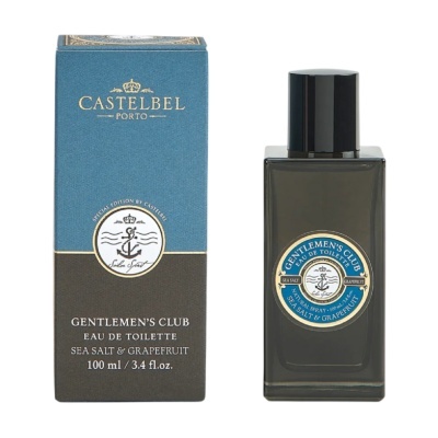 Perfume CASTELBEL Gentlemens Club com embalagem azul e cinzenta e garrafa de vidro cinzento escuro