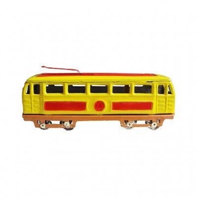 Brinquedo modelo de elétrico amarelo com faixas vermelhas e rodas metálicas