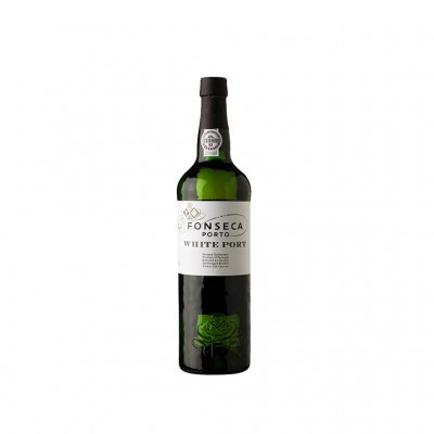 Garrafa de vinho do Porto Fonseca White Port em fundo branco