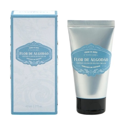 Creme de mãos Castelbel Flor de Algodão em embalagem e tubo azul e branco