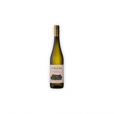 Garrafa de vinho branco Aveleda com rótulo branco e tampa dourada