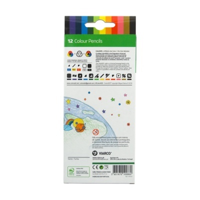 Embalagem de 12 lápis de cor com texto informativo e ilustrações coloridas no verso