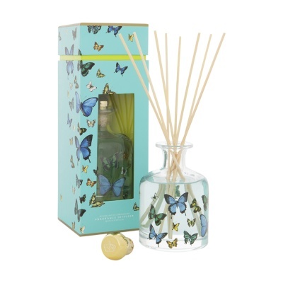 Difusor de fragrância com borboletas coloridas e embalagem temática