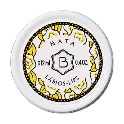 Tampa redonda de produto com decoração floral amarela e texto em preto.