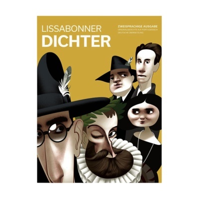 Capa de livro com ilustrações caricaturais de cinco personagens e texto em alemão e português.