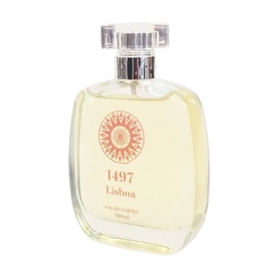 Frasco de água de colónia 1497 Lisboa com líquido amarelo clara