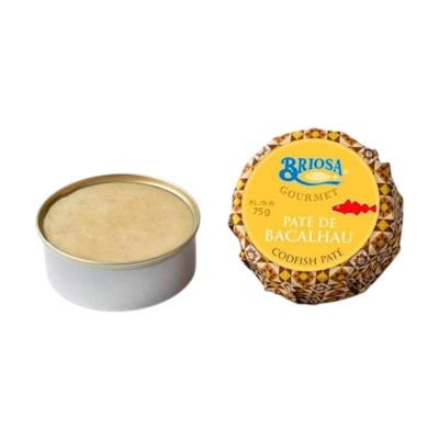 Paté de bacalhau Briosa em lata metálica e embalagem amarela.
