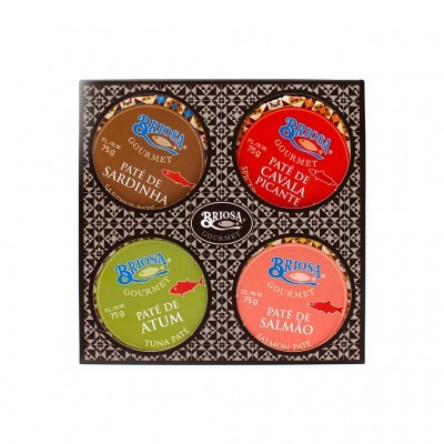 Conjunto de quatro patês Briosa Gourmet em latas coloridas numa caixa com padrão geométrico.