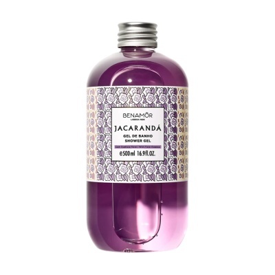 Frasco roxo de gel de banho Benamôr Jacarandá com rótulo floral