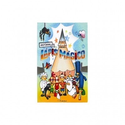 Capa colorida de banda desenhada 'Histórias do Lápis Mágico' com personagens caricatos