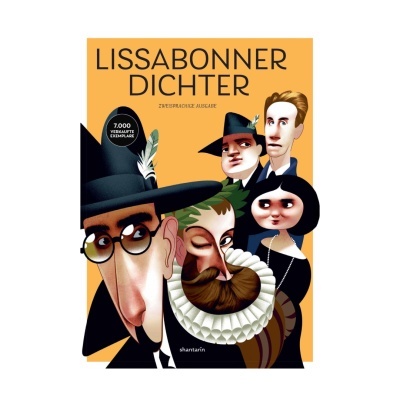 Capa de livro com título LISABONNER DICHTER e ilustrações estilizadas de cinco personagens