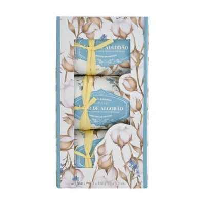 Conjunto de sabonetes com embalagem floral e etiqueta azul