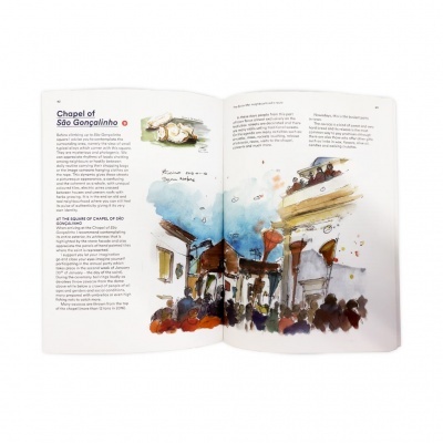 Livro aberto com ilustrações coloridas e texto sobre Capela de São Gonçalinho