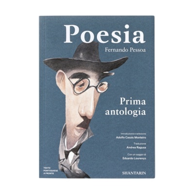 Capa do livro Poesia de Fernando Pessoa com ilustração e texto em italiano e português.