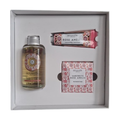 Conjunto de óleo seco, creme de mãos e sabonete Rose Amélie da marca Benamôr em caixa branca