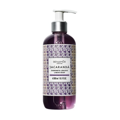Frasco roxo de sabonete líquido Benamôr Jacarandá com etiqueta floral