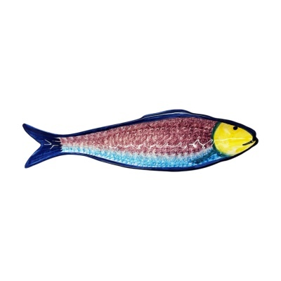 Prato cerâmico decorativo em forma de peixe com pintura colorida e texturizada.