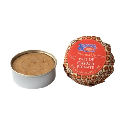 Paté de cavala picante em lata metálica ao lado da embalagem com rótulo vermelho da BRIOSA GOURMET.