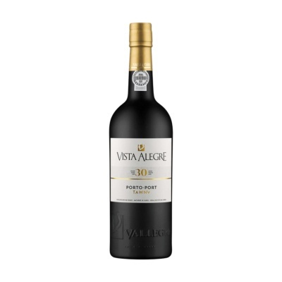 Garrafa de vinho do Porto Vista Alegre Tawny 30 anos com rótulo branco e tampa dourada