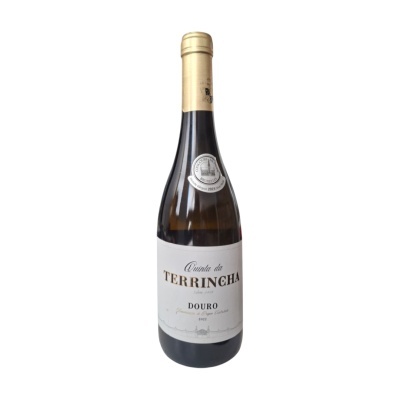 garrafa de vinho branco Quinta da Terringha Douro 2022 com rótulo branco e cápsula dourada