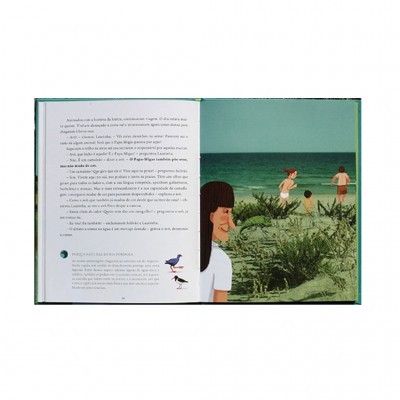 Livro infantil aberto com texto em português e ilustração colorida de menina e adulto em natureza.