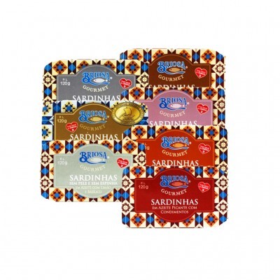 Seis latas de sardinhas Briosa gourmet com vários cores de rótulo