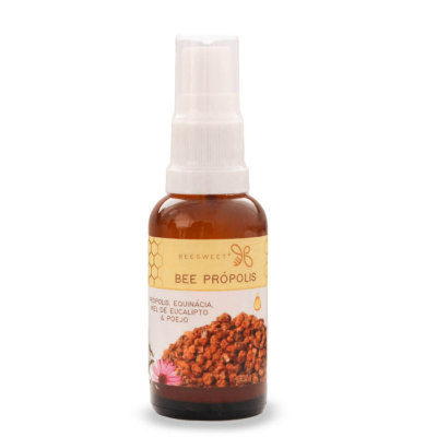 Frasco pequeno de spray Bee Própolis Beesweet com rótulo amarelo e branco