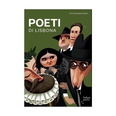 Capa de livro com título POETI DI LISBONA e figuras caricaturais de cinco pessoas em fundo verde.
