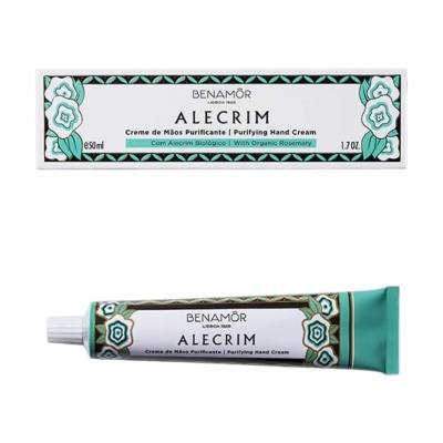 Creme de mãos Benamôr Alecrim em tubo com embalagem floral verde e branco