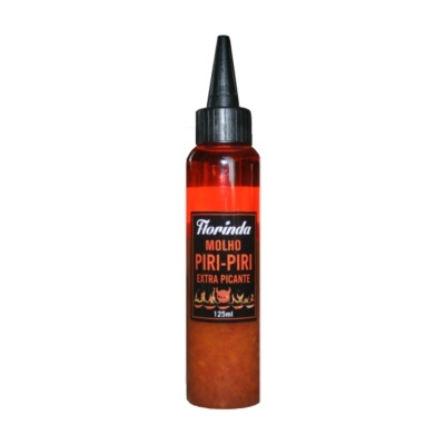 Frasco de molho piri-piri extra picante com rótulo preto e tampa preta